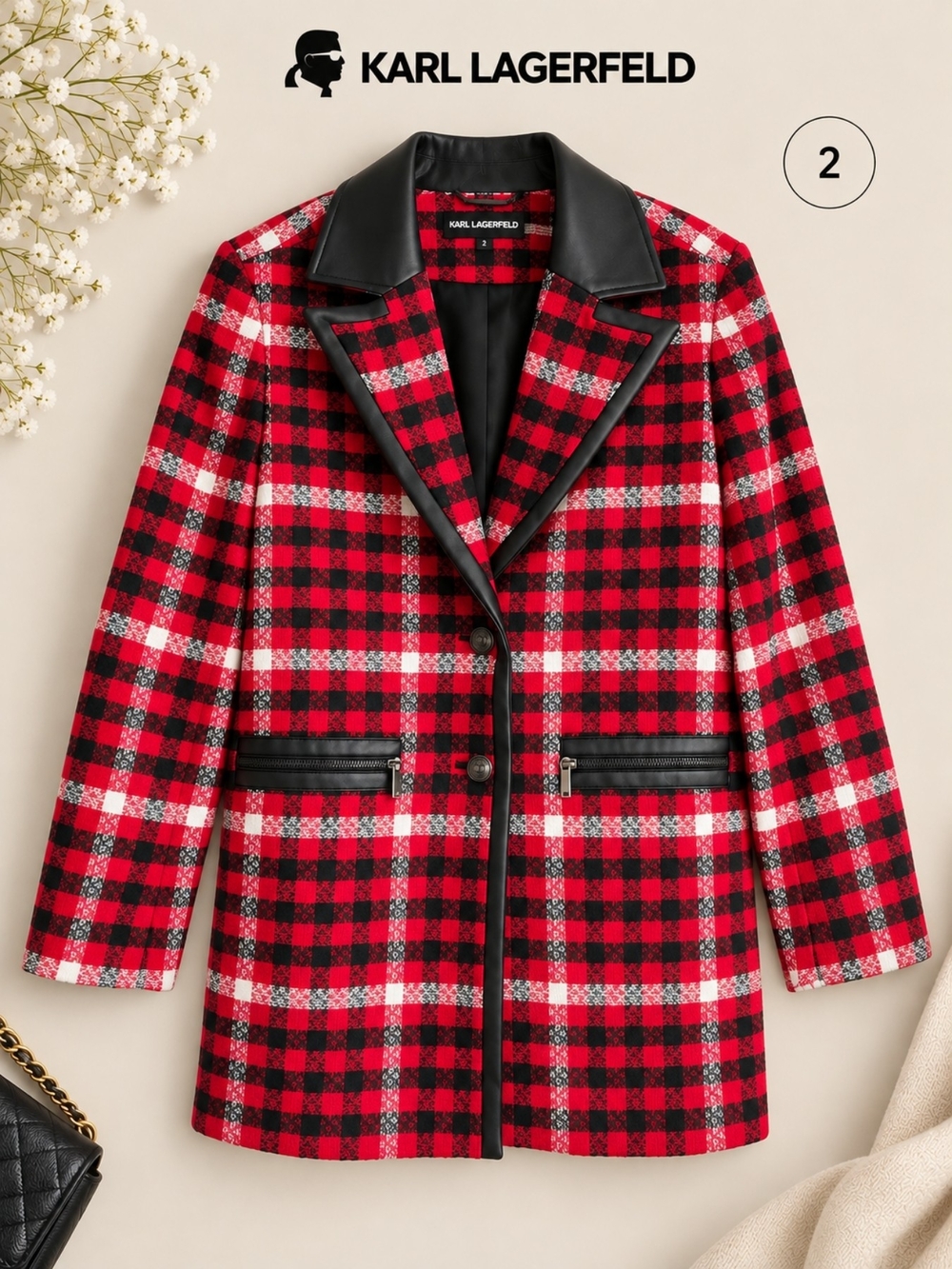 EUC Karl Lagerfeld Red,  Black & White Plaid Blazer w/Black Faux Leather Trim, 2